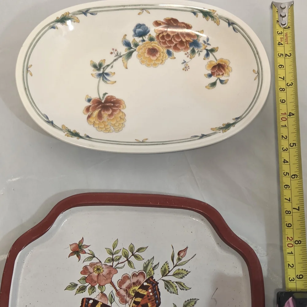 Vintage Floral Tray Set: Ceramic Oval Serving Platter & Metal Butterfly Trinket